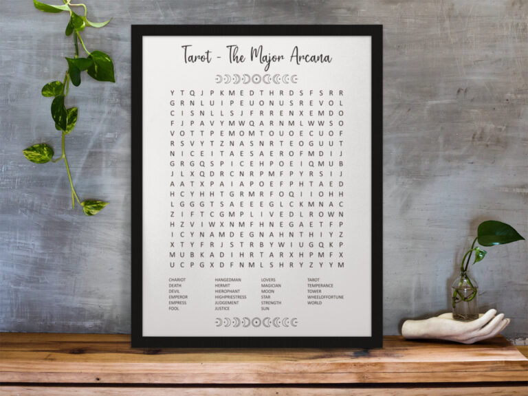 Tarot Wall Art Word Search | Major Arcana Word Search Printable Poster | In 5 Different Common Used Sizes
